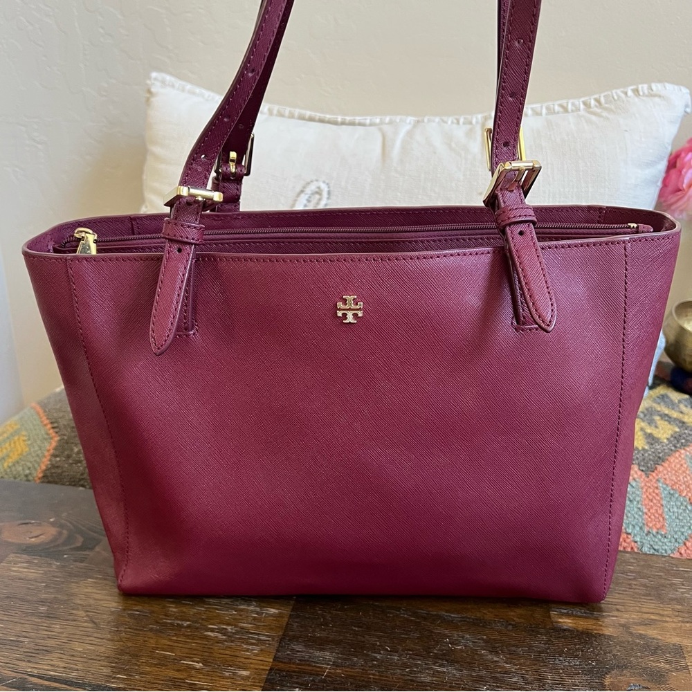 Tory Burch York Burgundy Saffiano Leather Tri Compartment Large Tote